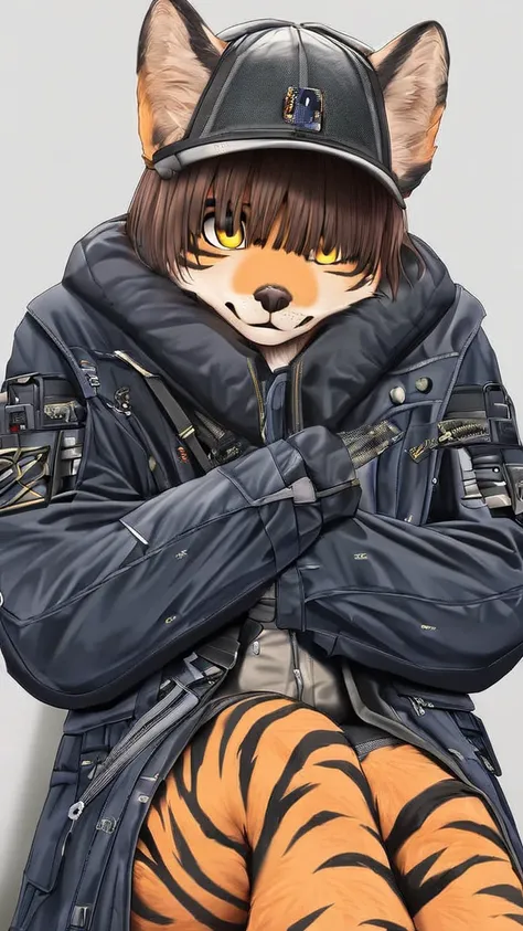 Alone, High resolution, looking at the viewer, furry, bangs covering right eye, detailed yellow eyes, orange fur with black stripes, wearing a dark blue coat with a black fur hood, wearing a cap, sitting in a chair, brown hair