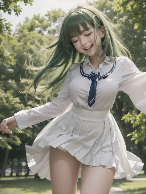 Laughing so hard she closes her eyes, having fun in the park, skirt fluttering in the wind, beautiful girl, big breasts, open clothes, white blouse, pleated skirt, ribbon or tie, angled from the front, greenish hair, long hair, wearing white loose socks