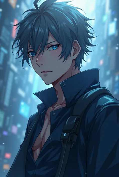 A male anime character of age about 18 years.good looking habdsome strange powerful appearance good physique.greyish black hairs blue eyes a good fighter