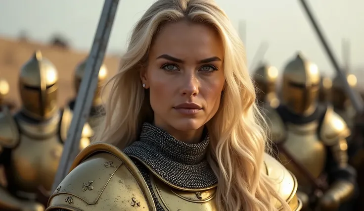 beautiful woman, caucasian woman, detailed face, (((Margot Robbie))), ((blonde hair, long blonde hair, wavy blonde hair)), ((blue eyes, gray eyes, perfect eyes)), ((white skin, pale skin)), ((fearless, ferocious)), ((steel armor, gold armor, shiny golden a...