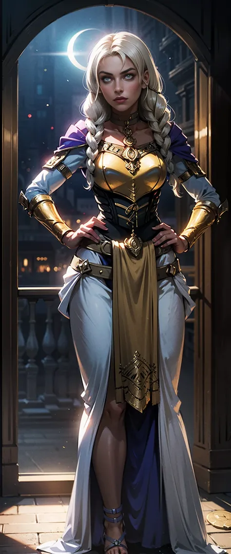 Paladin lady in ornate gold armor, Black collar, Shoulder rest, breastplate, corset, Glowing halo, Single Braid, blonde, Yellow glowing eyes, Bright students, Focus of gaze, Red Cape, Temple interior, Stained Glass Windows, night, moonlight, particle, ligh...