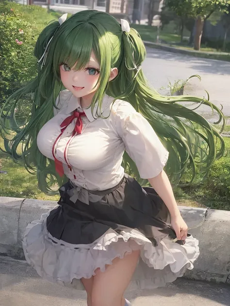 Wide eyes, smiling face, having fun in the park, skirt fluttering in the wind, beautiful girl, big breasts, open clothes, white blouse, pleated skirt, ribbon or tie, front angle, green hair, long hair, wearing white loose socks