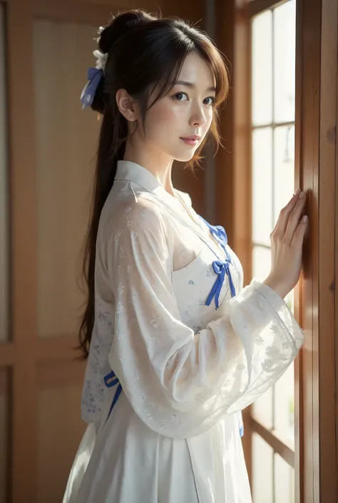 east-asian woman, standing by a window, soft natural light, wearing a white long dress, elegant and delicate, blue ribbon with t...