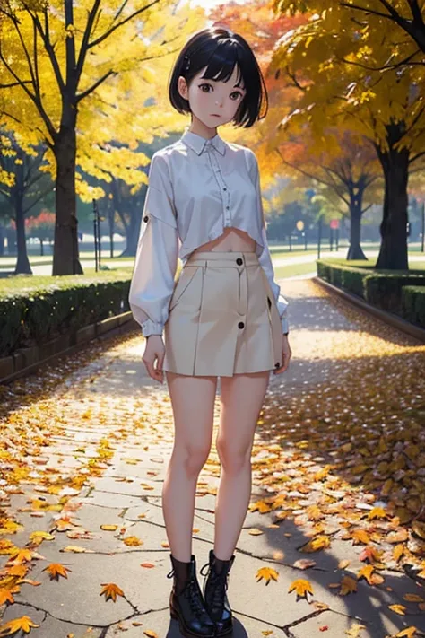 woman young  1，3 years，young very ，one, (background：autumn city park，autumn leaves，bright park, ），very short stature，flat chest，...