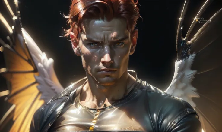 [((highly detailed, detailed eyes, detailed face, clear and realistic facial features, photorealistic, realistic light, cinematic, facing the viewer, close up)), (1 man), (((((Gorgeous sexy powerful masculine male angel))))), (((two transparent wings, both...