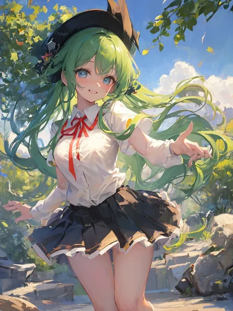 Wide eyes, smiling face, having fun in the park, skirt fluttering in the wind, beautiful girl, big breasts, open clothes, white blouse, pleated skirt, ribbon or tie, angled from below, greenish hair, long hair, wearing white loose socks