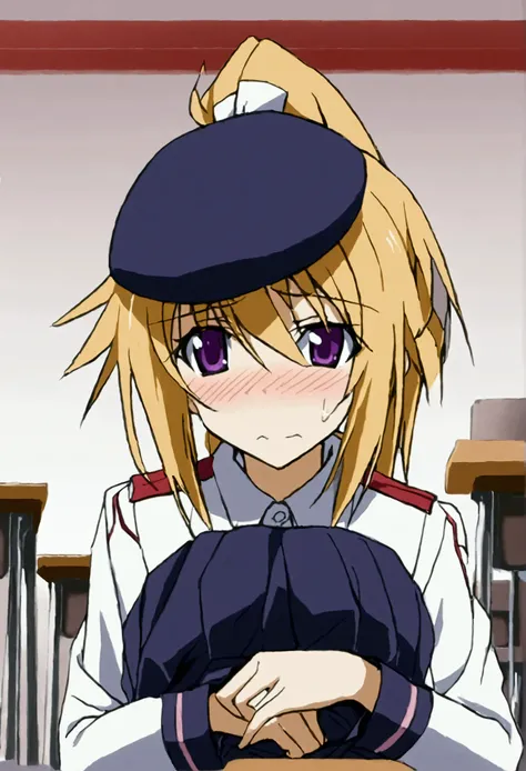 NSFW,masterpiece,Best Quality,High resolution,Very detailed,(One girl),Charlotte Dunois(Infinite Stratos),Long Hair、Blonde Hair、ribbon、Purple Eyes、ponytail、ヘアribbon、Student Uniform、ribbon、青いribbon、Long sleeve、Red border、uniform、uniform、白いuniform,School,cla...