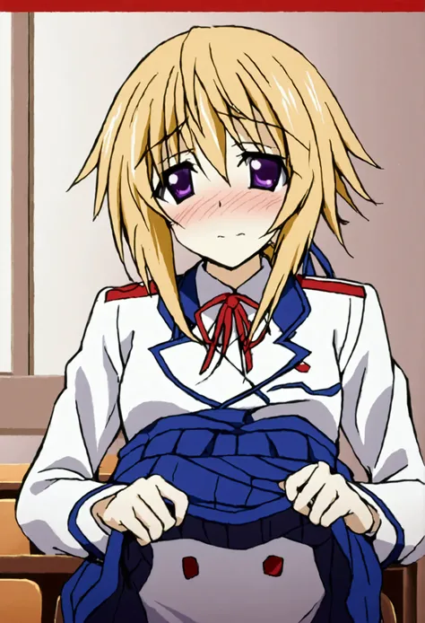 NSFW,masterpiece,Best Quality,High resolution,Very detailed,(One girl),Charlotte Dunois(Infinite Stratos),Long Hair、Blonde Hair、ribbon、Purple Eyes、ponytail、ヘアribbon、Student Uniform、ribbon、青いribbon、Long sleeve、Red border、uniform、uniform、白いuniform,School,cla...