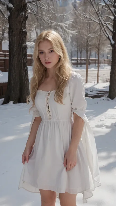 A blond in snow white dress