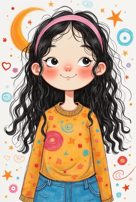 Colorful illustration：Vector Art，Rough texture，Children&#39;s Art，Artists from the stars，Autistic painter，Rich imagination，Childish graffiti art，Folk Art，A funny cartoon，Pastel Art：(Cute girl portrait，Big eyes，#100: Long, Fluffy Wavy Hair，Alone，)