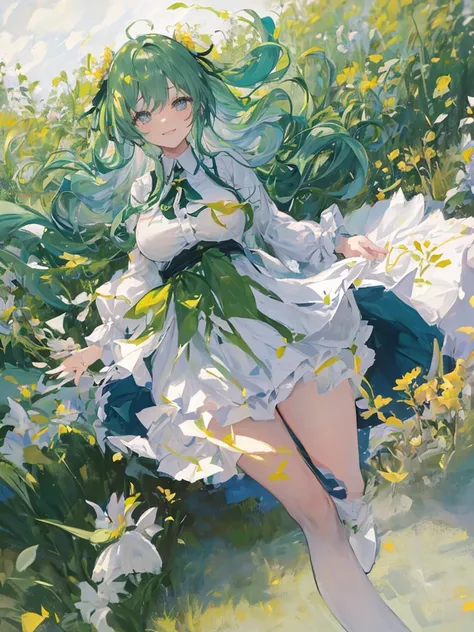 Wide eyes Smiling Having fun in a flower field Skirt fluttering in the wind Beautiful girl Big breasts White blouse Pleated skirt Ribbon or tie Angled from below Greenish hair Long hair Wearing white loose socks Wind blowing Skirt color is white