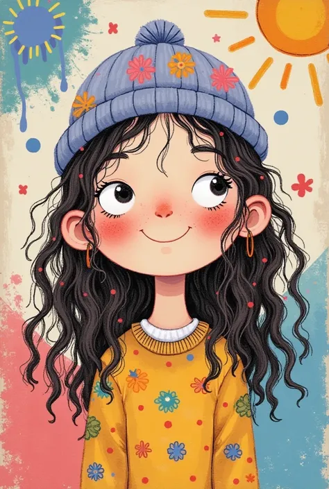 Colorful illustration：Vector Art，Rough texture，Children&#39;s Art，Artists from the stars，Autistic painter，Rich imagination，Childish graffiti art，Folk Art，A funny cartoon，Pastel Art：Girl Portrait，Big eyes，#100: Long, Fluffy Wavy Hair，Alone，