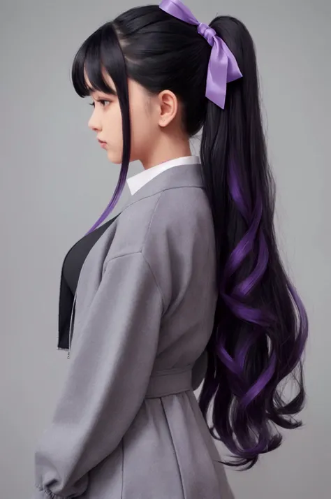 1girl,  Black Hair, Hair Bow, purple ribbon clipped on the back of her hair, Very Long Hair, Accurate, wearing a casual purple dress and gray jacket 