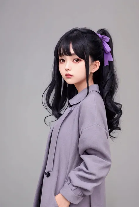 1girl,  Black Hair, Hair Bow, purple ribbon clipped on the back of her hair, Very Long Hair, Accurate, wearing a casual purple dress and gray jacket 