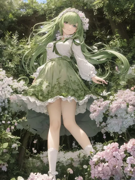 Wide eyes Smiling Having fun in a flower field Skirt fluttering in the wind Beautiful girl Big breasts White blouse Pleated skirt Ribbon or tie Angled from below Greenish hair Long hair Wearing white loose socks Wind blowing Skirt color is white