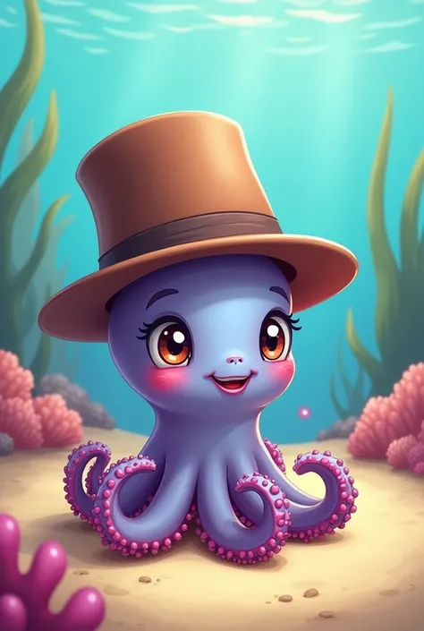 A delightful visual representation of a small cartoon octopus. This little being is beautifully adorned with a stylish hat, which perfectly complements its cute demeanor. The octopus rests on the sea bed, its jovial eyes sparkling with mischief and mirth. ...