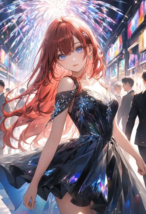 (((absurdres, highres, ultra detailed, HDR, master piece, best quality, extremely detailed, delicated features, noise removal))), 1 woman, Age 15 years, long hair, straight hair, two side up, crossed bangs, sidelocks, medium-violet-red hair, clear blue eye...