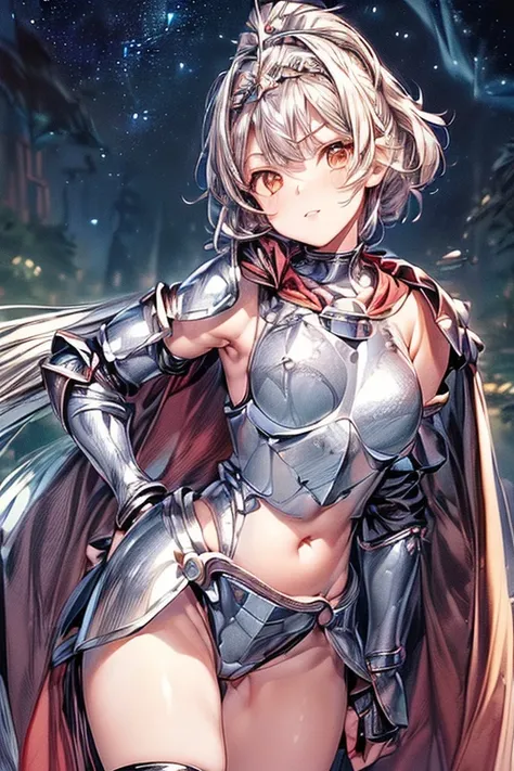 Girl posing for a photo, animeのかわいい女の子, ((One Girl)), (((Baby Face:1.4))), (((cute:1.5))),   
break 

(((red)Full Plate Armor:1.6) : ((breastplate:1.2) + (Gauntlet:1.4) + (Black cape with shoulder pads:1.4)), ((A silver tiara set with blue gemstones:1.4)),...