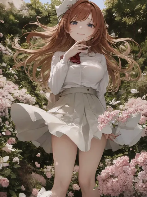 Wide eyes, smiling face, having fun in a flower field, skirt fluttering in the wind, beautiful girl, big breasts, white blouse, skirt with many pleats, ribbon or tie, angled from below, reddish hair, long hair, wearing white loose socks, wind blowing, skir...