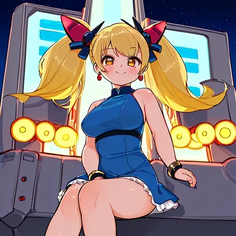 (masterpiece, Best Quality;1.3), Extremely detailed ,Super detailed,  One girl,Alone,  Twin tails,  Large Breasts, Wicked Smile, Gundam(RX78), SF, Mecha, , Blue Hair, Alone, Hair Accessories, Long Hair, Twin tails, Blonde Eyes, jewelry, Earrings, View your...