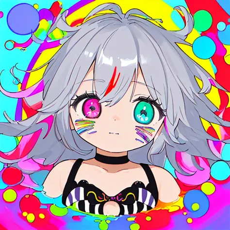 (((masterpiece))),(((Best Quality))),((Ultra-detailed)),(figure),(Dynamic Angle), ((floating)),(paint),((Messy Hair)), (Alone),(One girl), ((small_chest)), (((Detailed Anima Face))),((Beautiful detailed face)),color,bare shoulders,  Gray Hair, ((Colorful H...