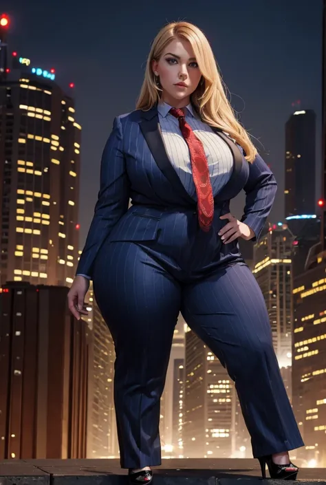 a young sophisticated and stylish bbw woman in a blue pinstriped trouser suit, white shirt, and a large red paisley necktie, wit...