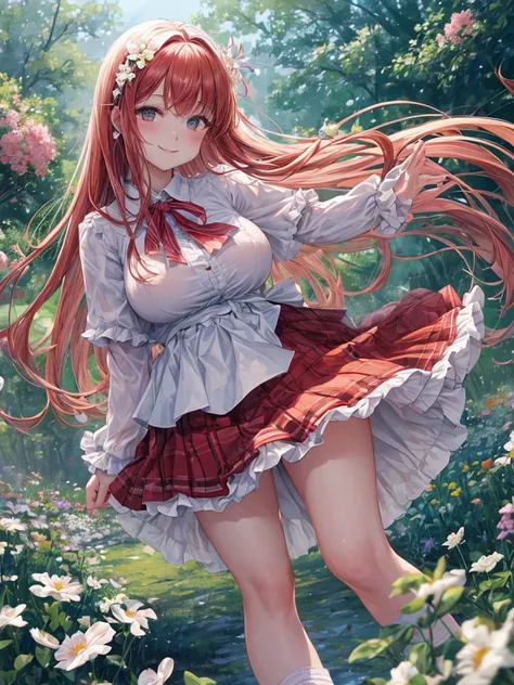 Wide eyes, smiling face, frolicking in a flower field, skirt fluttering in the wind, beautiful girl, big breasts, white blouse, skirt with many pleats, ribbon or tie, angled from below, reddish hair, long hair, wearing white loose socks, wind blowing, skir...