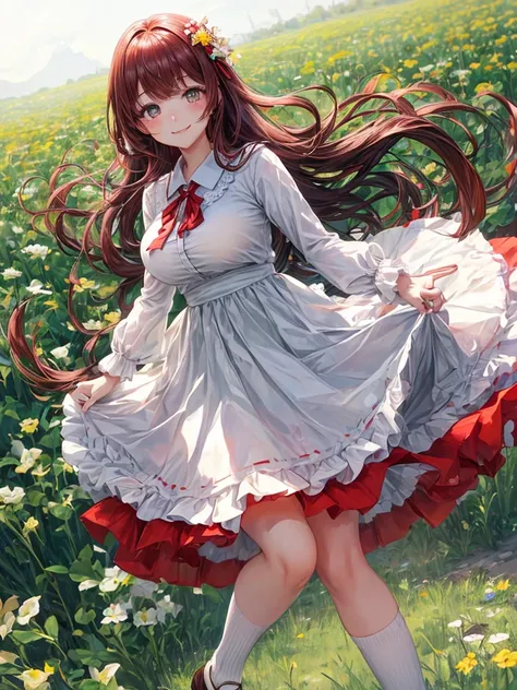 Wide eyes, smiling face, frolicking in a flower field, skirt fluttering in the wind, beautiful girl, big breasts, white blouse, skirt with many pleats, ribbon or tie, angled from below, reddish hair, long hair, wearing white loose socks, wind blowing, skir...