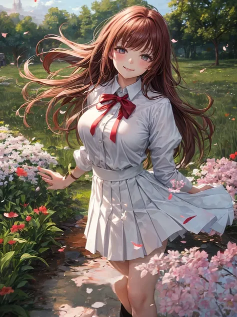 High school girl, uniform, wide eyes, smiling face, frolicking in a flower field, skirt fluttering in the wind, beautiful girl, big breasts, white blouse, skirt with many pleats, ribbon or tie, angled from below, reddish hair, long hair, wearing white loos...