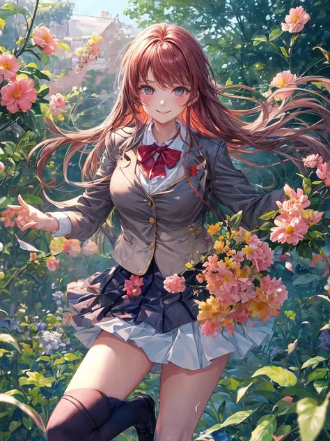 High school girl, blazer uniform, wide eyes, smiling face, frolicking in a flower field, skirt fluttering in the wind, beautiful girl, big breasts, white blouse, skirt with many pleats, ribbon or tie, angled from below, reddish hair, long hair, wearing whi...