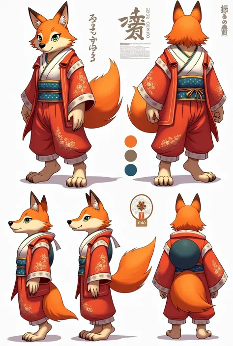 Create a detailed and colorful reference sheet of a full-body anthropomorphic character steeped in the aesthetic of traditional Japanese art and kemono style. This character should be distinctly furry, embodying animalistic traits intermingled with human-l...