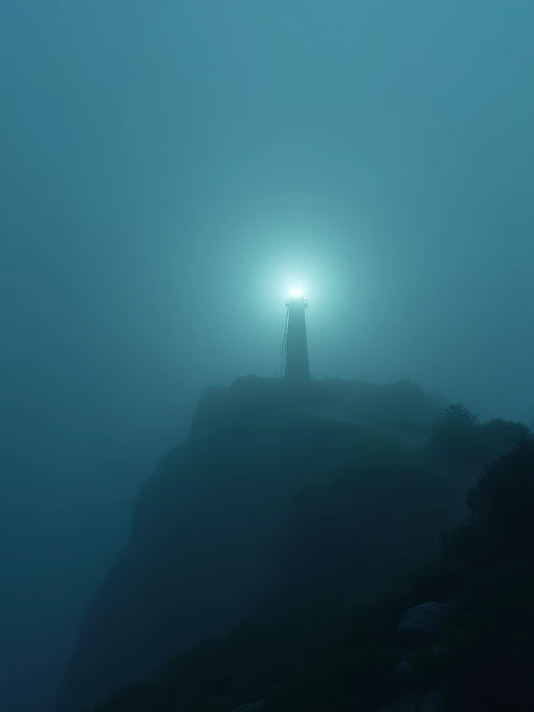 “IMG_2384.CR2: A mist-shrouded scene featuring a lighthouse at night, its beacon cutting through the dense fog with translucent, radiant light. The composition evokes a sense of ambiguity and uncertainty, with only the areas directly touched by the lightho...