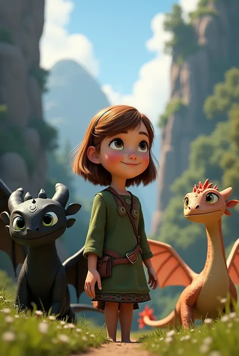 Creer une image d’une jeune fille(8ans) yeux bruns cheveux chatains au carré style disney pixar. Elle est dans le monde caché avec krokmou, tempête et furie éclair (du film dragons). Ecrire le prenom JEANNE en bas de l’image 