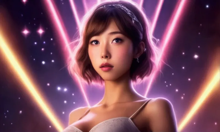 cute yuna, 25 years old, wearing lingerie, scared expression, in spotlight, being sucked towards alien ship by a bright beam of light, ufo shining light on her, backyard at night, ultra-detailed, 8k, photorealistic, masterpiece, highly detailed, dramatic l...