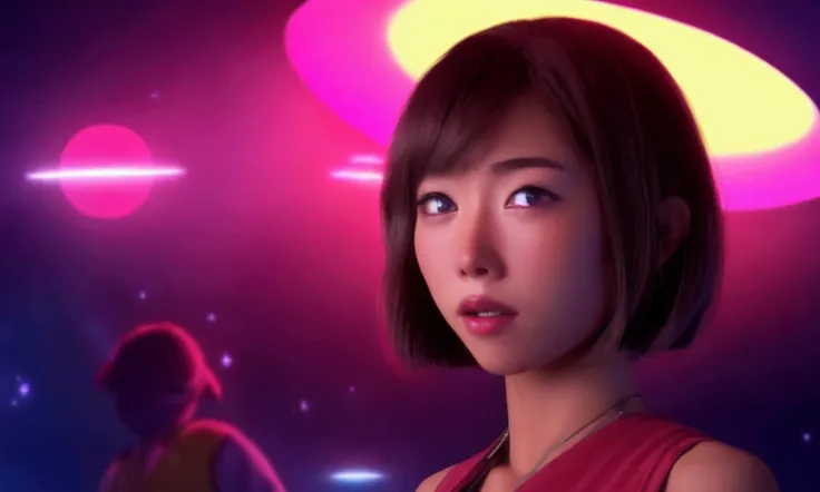 cute yuna, 25 years old, wearing lingerie, scared expression, in spotlight, being sucked towards alien ship by a bright beam of light, ufo shining light on her, backyard at night, ultra-detailed, 8k, photorealistic, masterpiece, highly detailed, dramatic l...