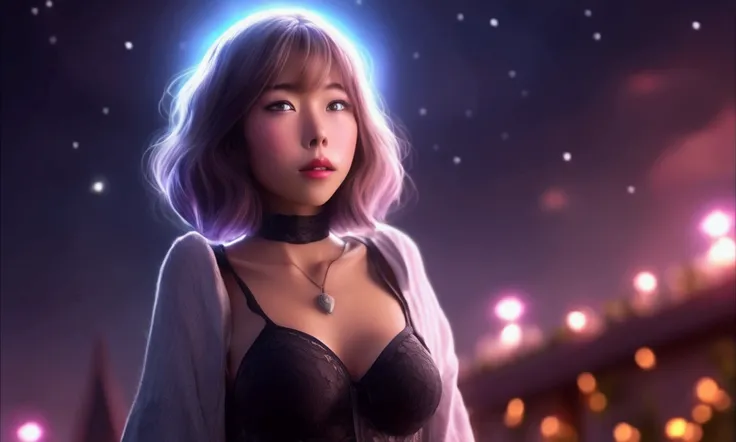 cute yuna, 25 years old, wearing lingerie, scared expression, in spotlight, being sucked towards alien ship by a bright beam of light, ufo shining light on her, backyard at night, ultra-detailed, 8k, photorealistic, masterpiece, highly detailed, dramatic l...