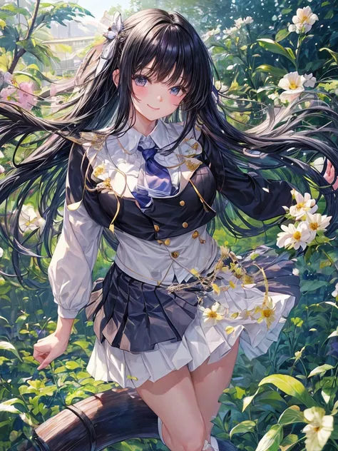 High school girl, blazer uniform, wide eyes, smiling face, frolicking in a flower field, skirt fluttering in the wind, beautiful girl, big breasts, white blouse, pleated skirt, ribbon or tie, angled from below, black hair, long hair, wearing white loose so...