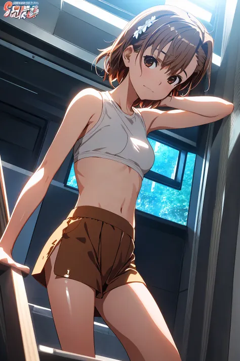 Best Quality:1.5, High resolution, 超High resolution, 4K, Detailed lighting, Shaders), NSFW Misaka Mikoto,short hair　Brown Hair　Brown eyes　Cool face　　((Black latex shorts))++　Small sports bra　Realistic sun rays　 Beautiful park　Tops　Completely naked