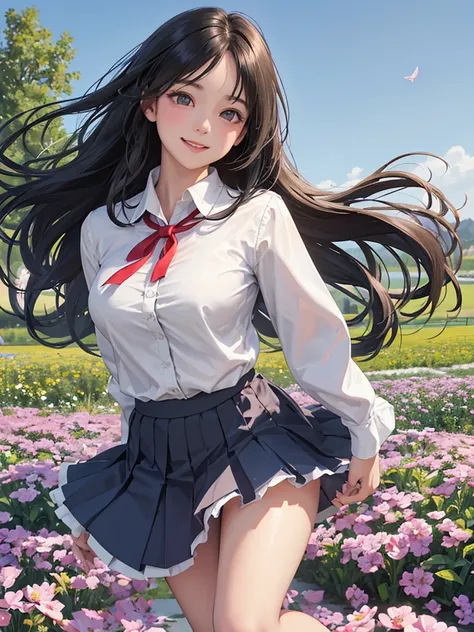 High school girl, blazer uniform, wide eyes, smiling with mouth wide open, frolicking in a flower field, skirt fluttering in the wind, beautiful girl, big breasts, white blouse, pleated skirt, ribbon or tie, angled from below, black hair, long hair, wearin...