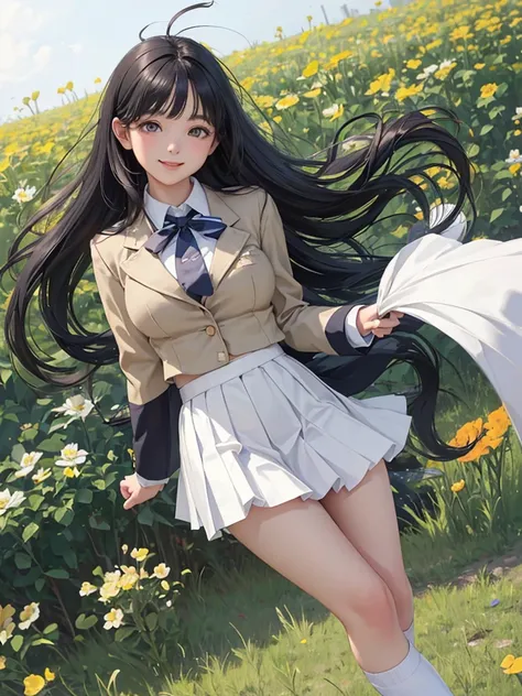 High school girl, blazer uniform, wide eyes, smiling with mouth wide open, frolicking in a flower field, skirt fluttering in the wind, beautiful girl, big breasts, white blouse, pleated skirt, ribbon or tie, angled from below, black hair, long hair, wearin...