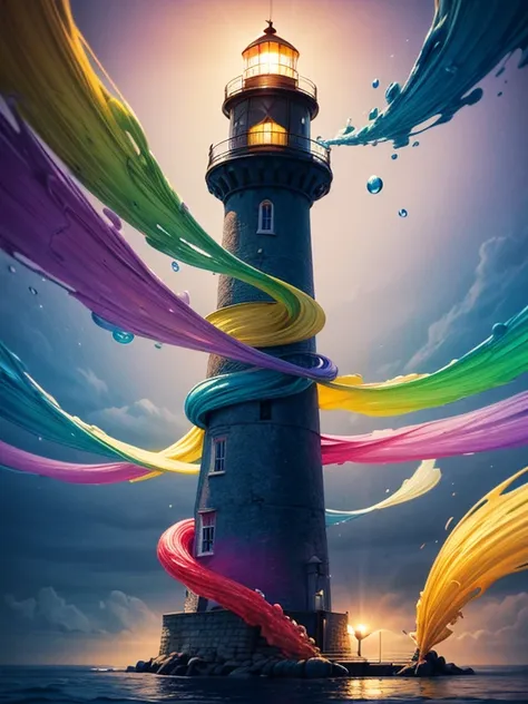 abstract art, ( surrealism ) ( orgasm ) a surreal scene involving (colors:1.5) and a lighthouse, color lighthouse. a lighthouse ...