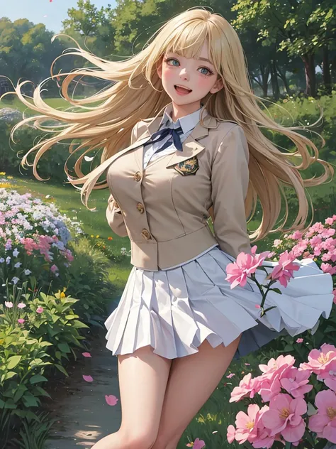 High school girl, blazer uniform, wide eyes, wide-mouthed laugh, frolicking in a flower field, skirt fluttering in the wind, beautiful girl, big breasts, white blouse, pleated skirt, ribbon or tie, angled from below, blonde, long hair, wearing white loose ...