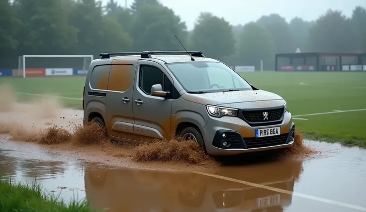 Peugeot Partner 2024 gris très sale, franchissant un terrain de football submergé lors dune tempête. La route est en partie immergée et des gerbes deau sont créés par le passage de la voiture. Les amentours sont boueux, on aperçois lherbe et les tracages d...