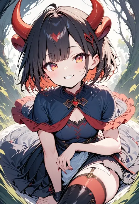 One cute devil girl,(Best Quality,Extremely detailed depiction,Incredible high resolution,Anatomically accurate,High quality anime drawings),(Little devil girl,Cute black clothes,Elegant appearance,Wearing a capelet,stockings,Black boots),(Black Hair,Short...