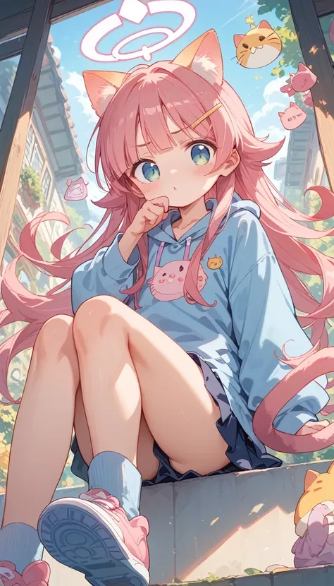 ((((masterpiece,best quality,ultra detailed,anime style hyper kawaii character)))),
1 girlish boy,pink hair,long hair,cat ears,cat tail,angel wing, halo,