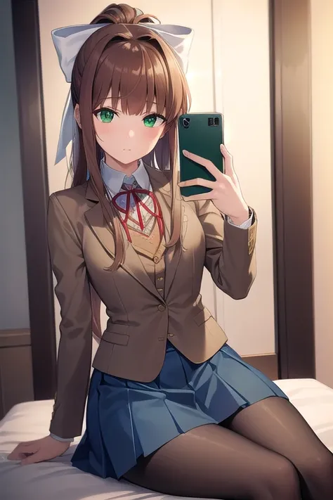 ddlcmonika, ddlcmonika, blunt bangs, brown hair, (green eyes:1.5), long hair, ponytail, ribbon, white ribbon, hair ribbon, sidelocks, 
BREAK pantyhose, blue skirt, brown jacket, jacket, long sleeves, mary janes, over-kneehighs, pleated skirt, black laofers...