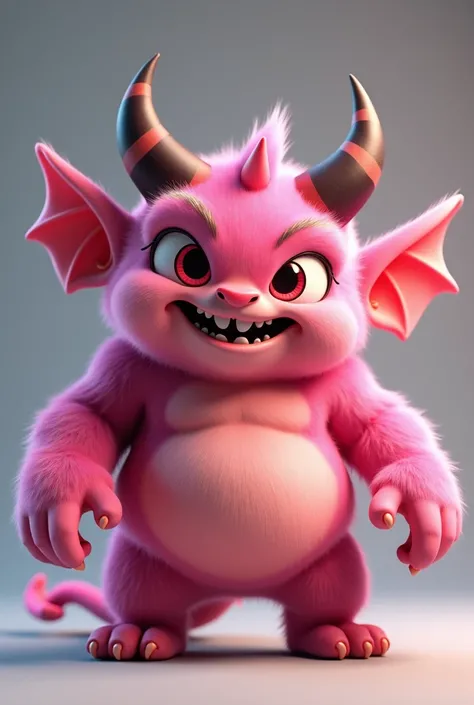 A detailed 3D rendering of a playful, cartoon-styled character. This character takes the form of a friendly demon, not too scary yet not too innocent. It sports a vibrant shade of pink across its body. It has curvy horns protruding from its head and a misc...