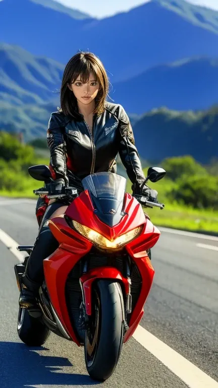 there is a woman riding a large motorcycle on the road., (((wheelie))) tokyo、ride a 1300cc motorcycle on the straight roads of s...