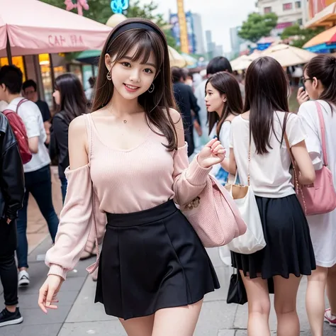 laughing out loud，Cute style wear，date attire，The skirt shows fluffy curvature，Dai Minie hairband，Carrying a cute shoulder bag，knee shot, The background is an amusement park during the day，1 female, light brown hair, blunt bangs, hair behind ears, Shoulder...