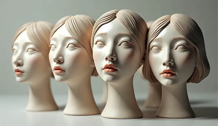 Expressionist artwork images of multiple floating ceramic heads of korean women, 3d collage style, make it weird and gallery worthy